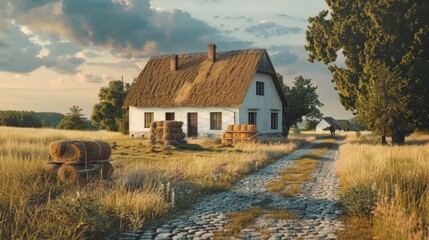 Fototapeta premium Charming Rural Cottage with Thatched Roof Surrounded by Hay Bales and Cobblestone Pathway in a