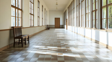 Long Hallway Interior With Large Windows And Geometric Patterned Flooring