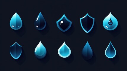 Blue water drop and shield icons; game UI design