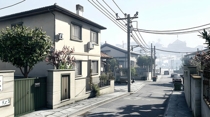 European Town Street Scene Buildings And Roadway With Green Vegetation And Sunny Skies