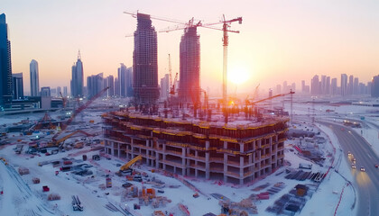 Obraz premium Sunrise over a snowy cityscape with numerous skyscrapers under construction