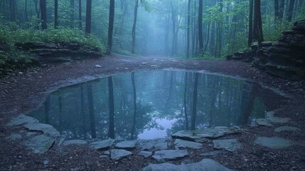 Misty Forest Puddle Reflection: A Serene Escape into Nature's Embrace