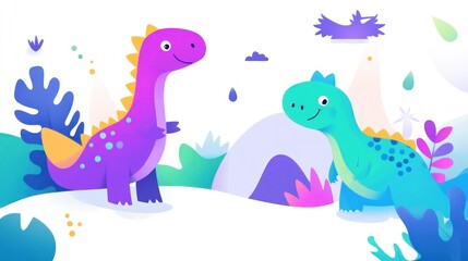 Fototapeta premium Two colorful cartoon dinosaurs stand on a landscape with mountains and plants