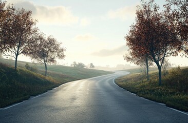 Fototapeta premium Autumnal country road winding through a misty landscape