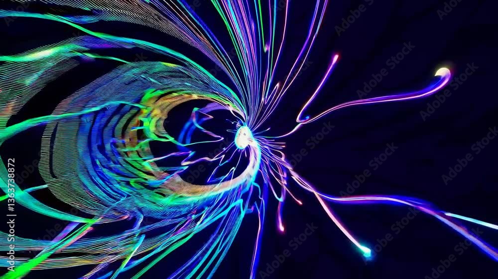 Poster dynamic video featuring a swirling vortex of neon lines, captured from a top-down angle, creating a 