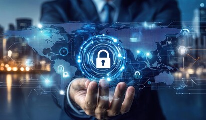 Businessman touching a digital padlock icon on a virtual screen with a world map and cityscape background, symbolizing the global security network concept Generative AI