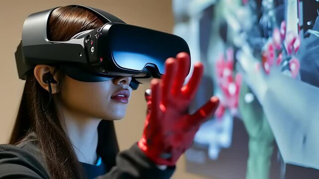 Woman using virtual reality headset and haptic gloves interacting with digital display in modern setting