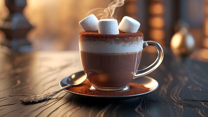 Fototapeta premium Warm, steaming hot chocolate with fluffy marshmallows, on dark ornate table with soft light.