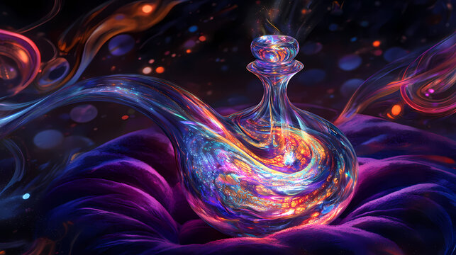 A shimmering elixir of transformation, swirling with vibrant colors, contained in an ornate glass vial, resting on a velvet cushion, generative ai. Ornate Transformation. Illustration
