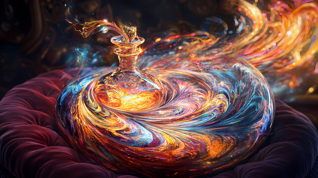 A shimmering elixir of transformation, swirling with vibrant colors, contained in an ornate glass vial, resting on a velvet cushion, generative ai. Ornate Transformation. Illustration