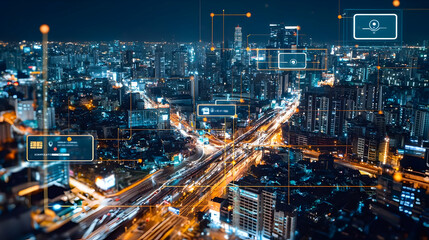 Obraz premium Aerial Night City View With Illuminated Buildings And Digital Overlay Showing Network Connections And Data Visualization