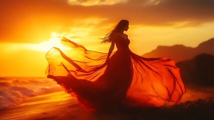 Captivating sunset silhouette of a flowing-dressed figure by the serene ocean