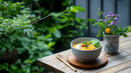 Overhead View of a Bowl of Vegetable Noodles on a Wooden Table Outdoors with Foliage and Decorative Flowers