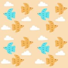 Birds seamless pattern with sky cloud cartoon