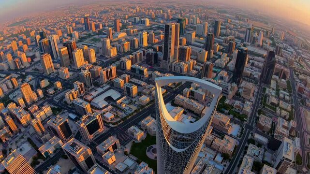 Aerial view of a cityscape at sunset, showcasing modern skyscrapers and urban sprawl. Captured from a high angle, resembling a drone video shot. Live desktop wallpaper.