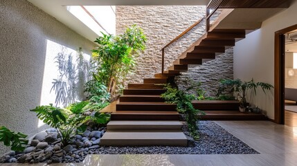 A modern cantilevered staircase with dark wooden steps and a hidden LED strip lighting system, set against a neutral-toned wall.
A minimalist spiral staircase made of smooth concrete, wrapping elegant