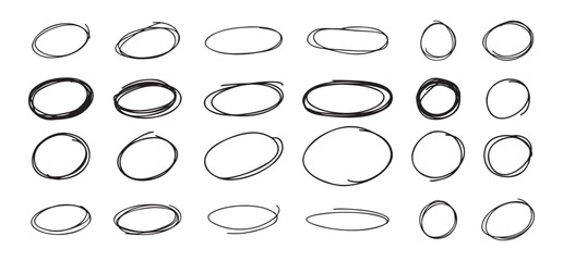 Highlight oval circle hand drawn doodle frames. Free pencil round lines. Round brush mark.