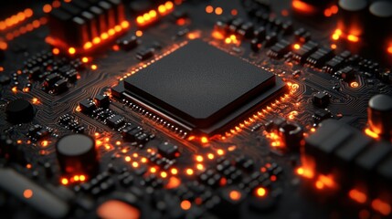 Illuminated Circuit Board: A Close-Up View of a Microchip's Complex Architecture