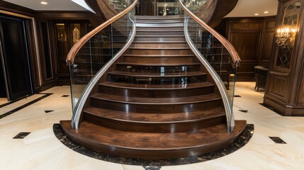 A modern cantilevered staircase with dark wooden steps and a hidden LED strip lighting system, set against a neutral-toned wall.
A minimalist spiral staircase made of smooth concrete, wrapping elegant