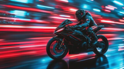 Motorcyclist speeds through neon-lit city streets at night showcasing thrill and freedom of urban riding