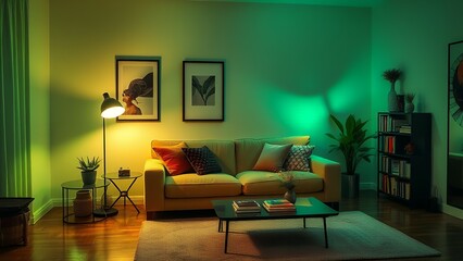 Modern Living Room with Green Ambient interior design. evening odern living room interior design bathed in atmospheric green ambient light. Features a yellow sofa, stylish furniture, plants
