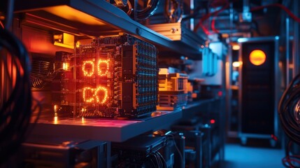 Complex quantum computing hardware with glowing displays in a server rack