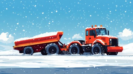 Orange snow plow truck clearing snow on a winter road during snowfall.
