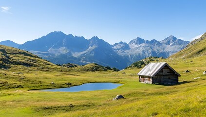 Majestic mountains embrace a serene cabin beside a tranquil pond in the heart of nature's beauty