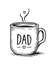 Father's day 2025-2026-A heartwarming mug, etched with "DAD" and tiny hearts, steaming with love, a simple yet powerful symbol of paternal affection, rendered in a charming hand-drawn style.