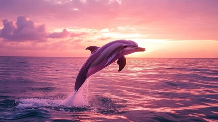 Obraz premium Elegant dolphin's leap at dawn: Graceful marine life captured in oceanic ballet
