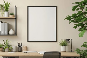 Home Office Mockup, Empty Poster Frame