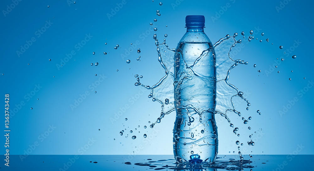 Poster water bottle with splashing water around it on a blue background with water droplets and reflections