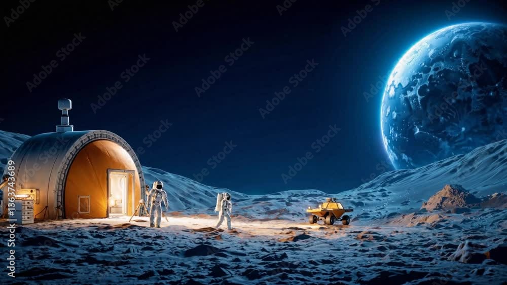 Poster astronauts exploring lunar terrain near illuminated habitat module with earth visible in background,