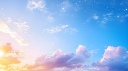 Vibrant Blue Sky With Pink And Purple Clouds Sunlight And Shining Stars In A Calm Atmosphere