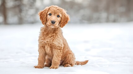 Adorable golden puppy sits playfully in the soft white snow on a bright winter day, capturing the joy of a snowy adventure