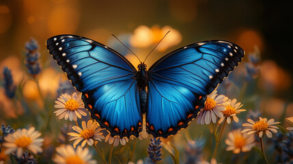 Papillon bleu iridescent sur fleur sauvage au soleil printanier