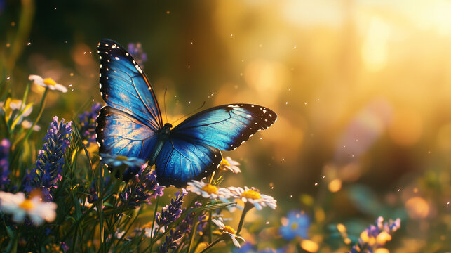 Papillon bleu iridescent sur fleur sauvage au soleil printanier