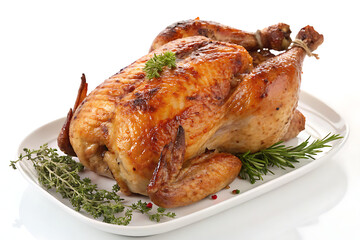 Roasted Whole Chicken with Herbs on White Plate