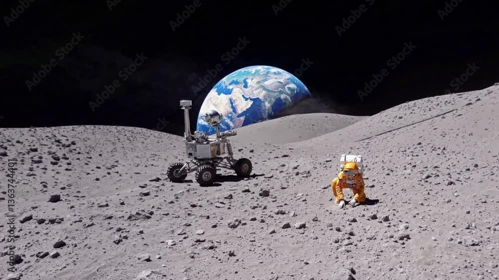 Poster astronaut and robotic rover exploring lunar terrain with earth visible in background, showcasing iso