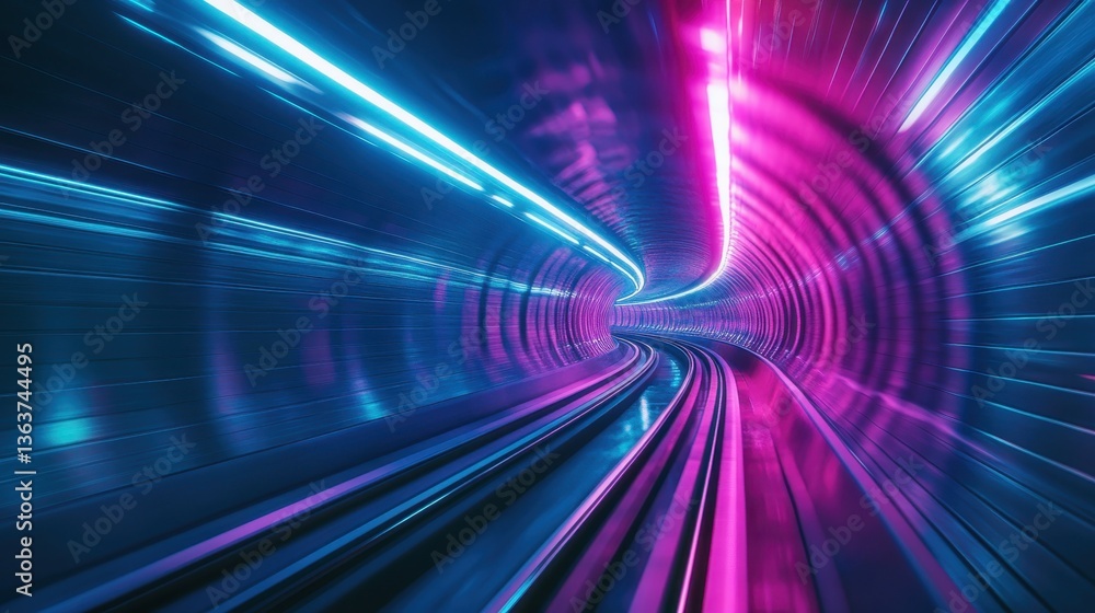 Poster bright neon tunnel with dynamic light patterns in motion during nighttime in an urban setting