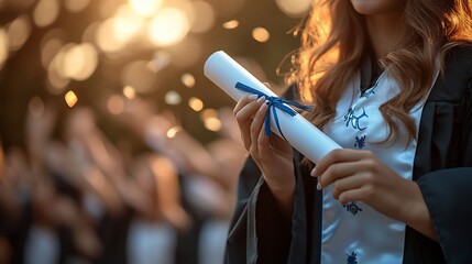 Female graduate holding her diploma with pride during the commencement day