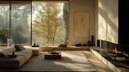 Modern living room showcasing an open view of nature and a fireplace