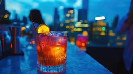 Elegant Rooftop Bar in New York City with Vibrant Cocktail and Ambient Lighting