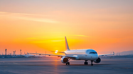 White Airplane At Airport During Sunset With Orange Sky And Runway Lights