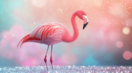 Pink flamingo standing on glitter, bokeh background, nature scene, card design