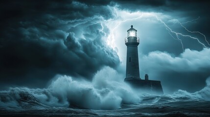 Majestic lighthouse standing strong against turbulent waves and stormy skies during a lightning storm at night