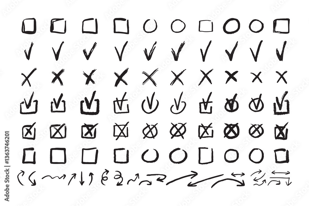 Poster check marks doodle black line element set, tick and a cross, empty thin box and arrow sign. grunge h