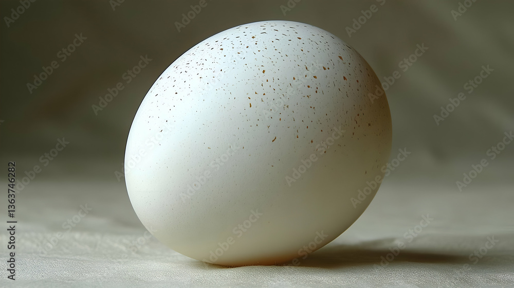 Poster close-up view of a speckled white egg resting on a soft surface with subtle shadows