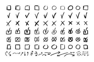 Check marks doodle black line element set, tick and a cross, empty thin box and arrow sign. Grunge hand drawn style