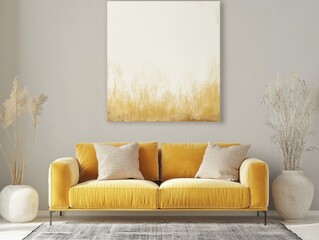 Modern living room with a mustard yellow couch and abstract art